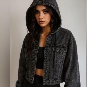 YMI Acid Wash Black Hooded Cropped Jean Jacket Small Streetwear Denim